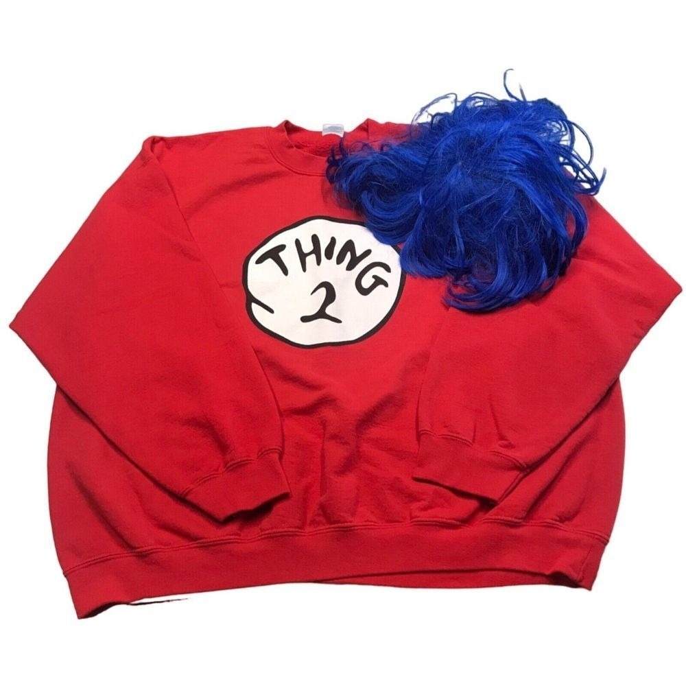 Dr Suess Gildan sweatshirt Oversized 2XL Thing Two and blue adult wig costume
